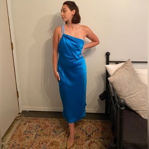 Gianni Bini One Shoulder Chain Satin Sheath Midi Dress